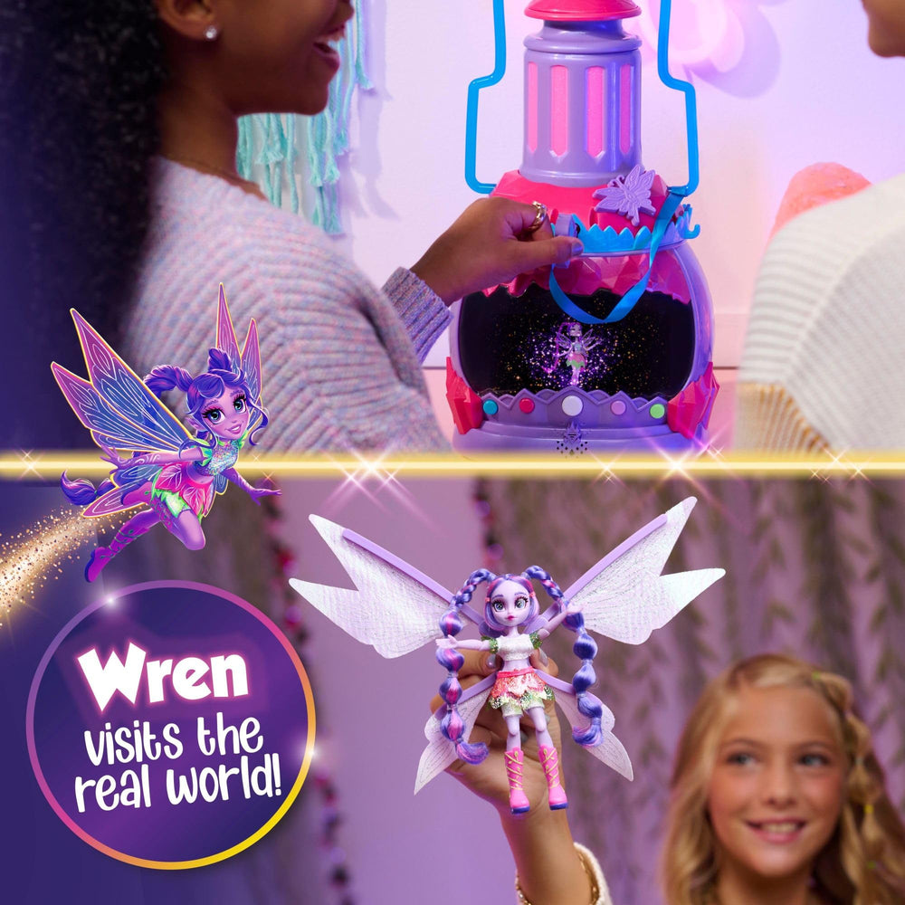 Just Play HOLOBRITE Pixie Lantern key insertion demonstrates unlocking two-world adventures for kids.