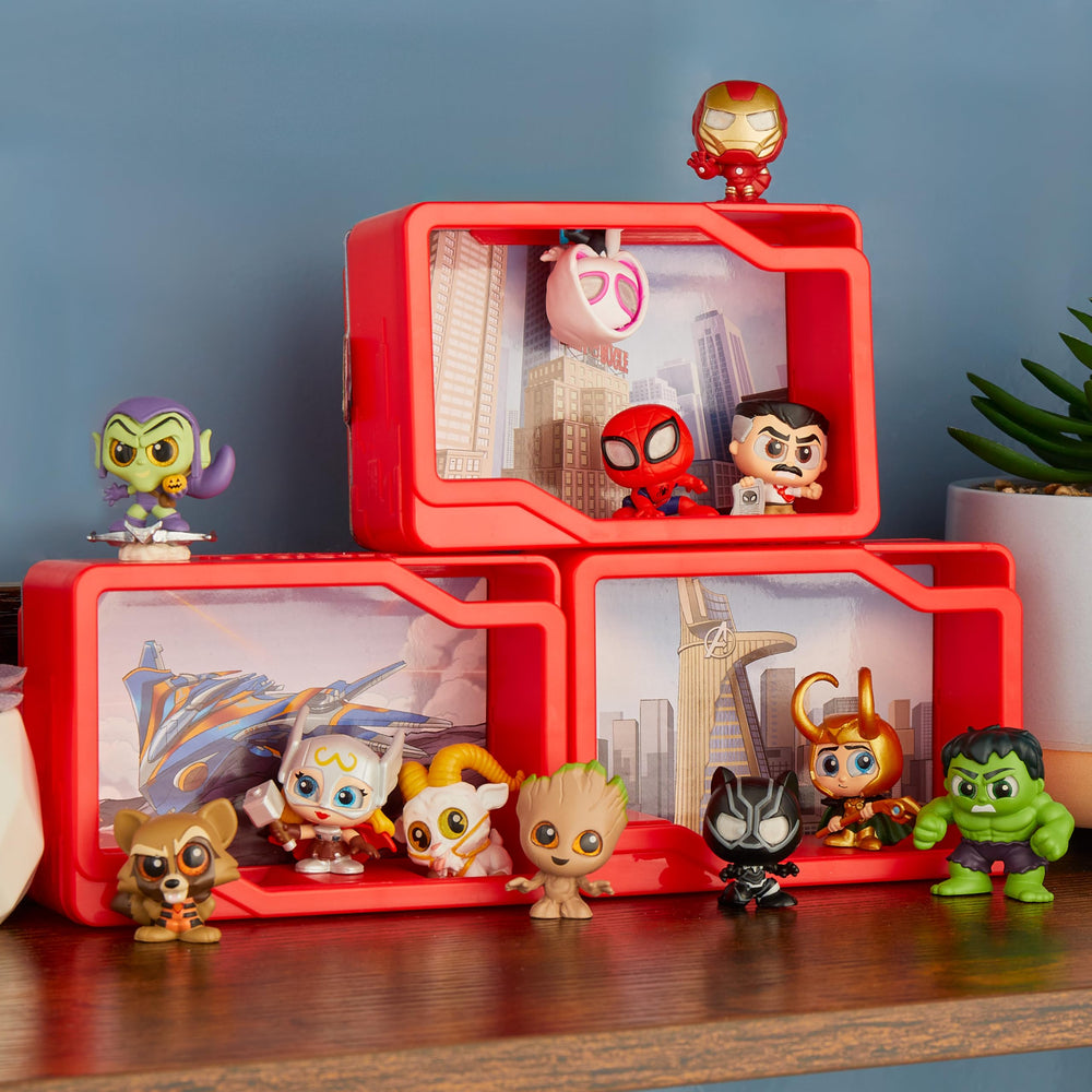 Close-up of glittery eyes on Marvel Doorables figures from Series 1 for collection