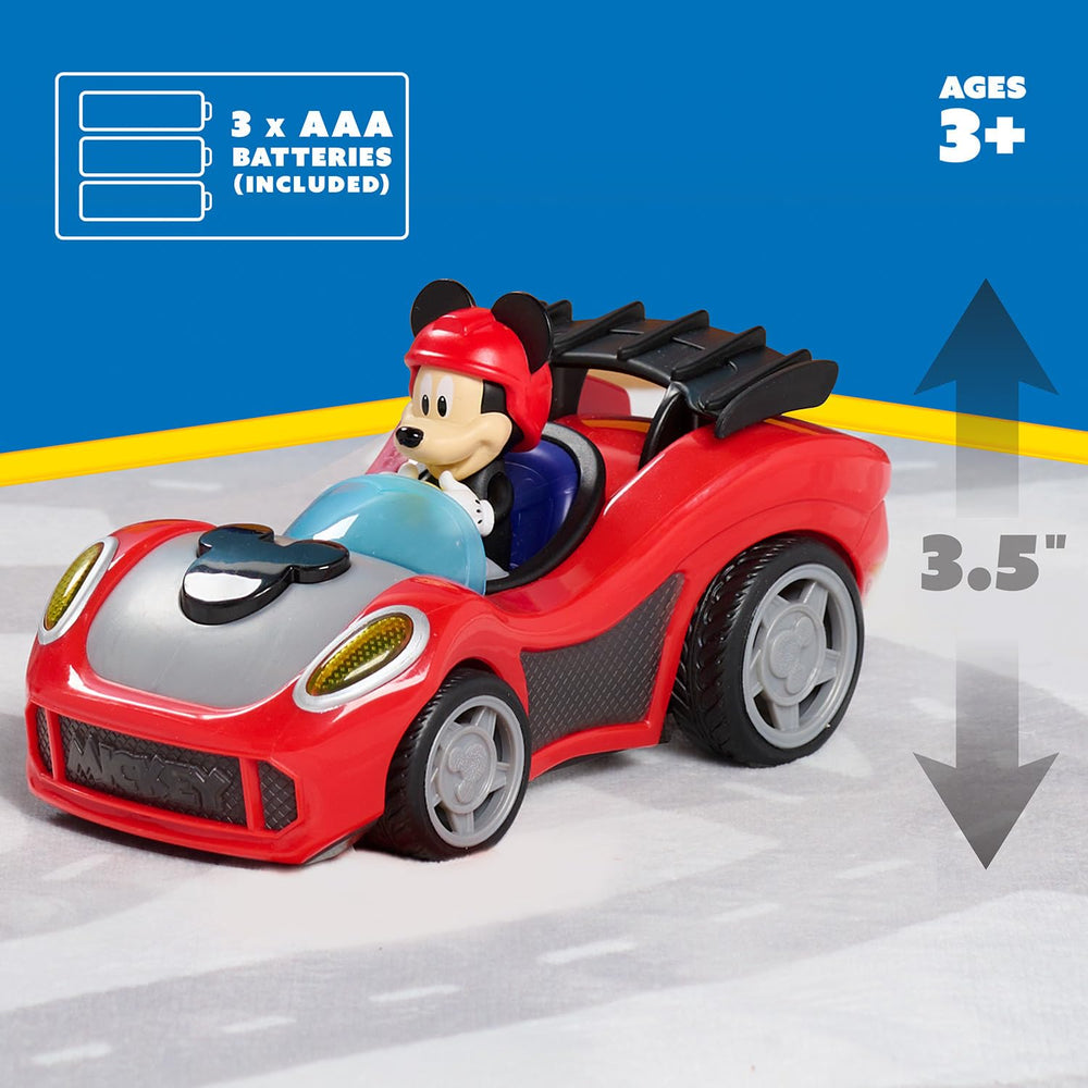 Just Play Mickey Mouse Rev 'n Glow Racer vivid lights spark excitement during pretend races.