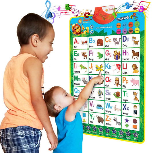 Just Smarty interactive ABC poster on wall promotes alphabet learning and play.