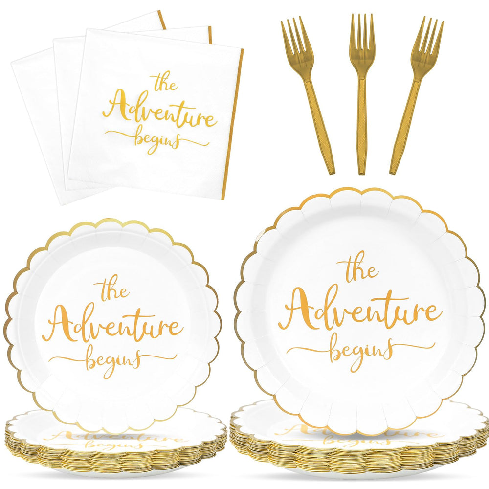 Justforjoyful adventure begins dinner plates with scalloped edges and gold foil for elegance.