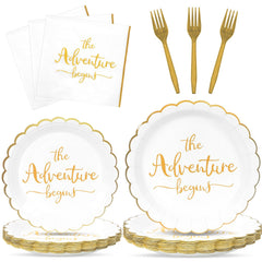 Justforjoyful adventure begins dinner plates with scalloped edges and gold foil for elegance.