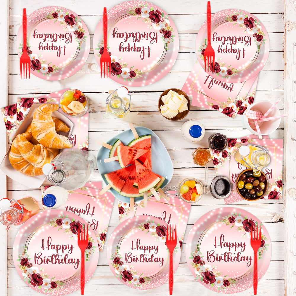 Justforjoyful burgundy floral tableware closeup shows durable, colorfast print.