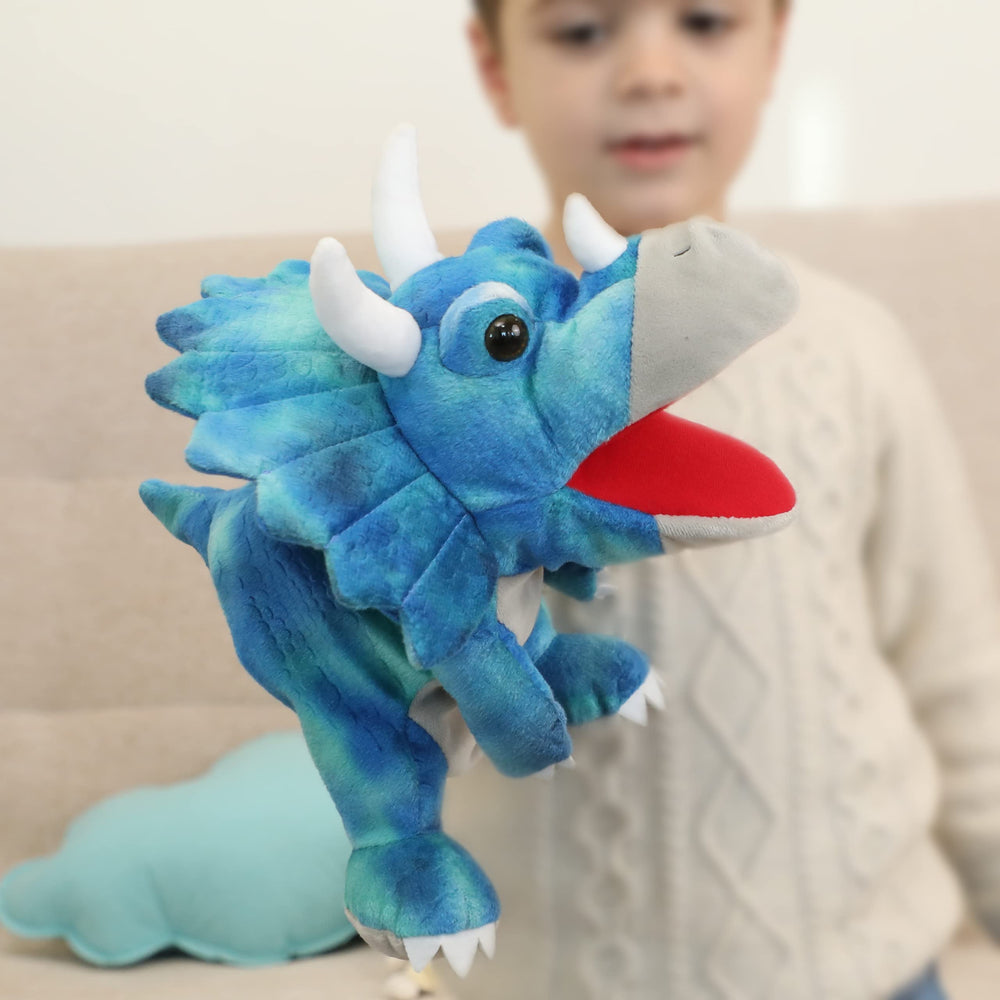 JUSTQUNSEEN dinosaur hand puppet with smooth edges for comfortable handling.