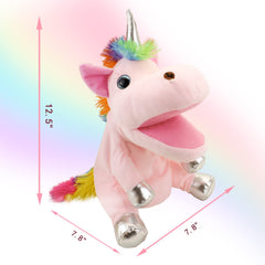 JUSTQUNSEEN unicorn hand puppet shows colorful hair, boosting storytelling and creativity.
