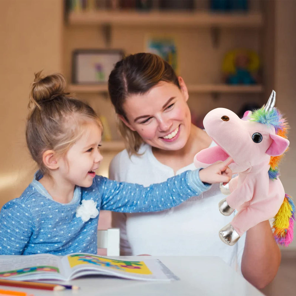 JUSTQUNSEEN unicorn hand puppet in use with a child for interactive learning.