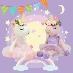 JUSTQUNSEEN satin-organza skirt on unicorn plush for elegant pretend princess play