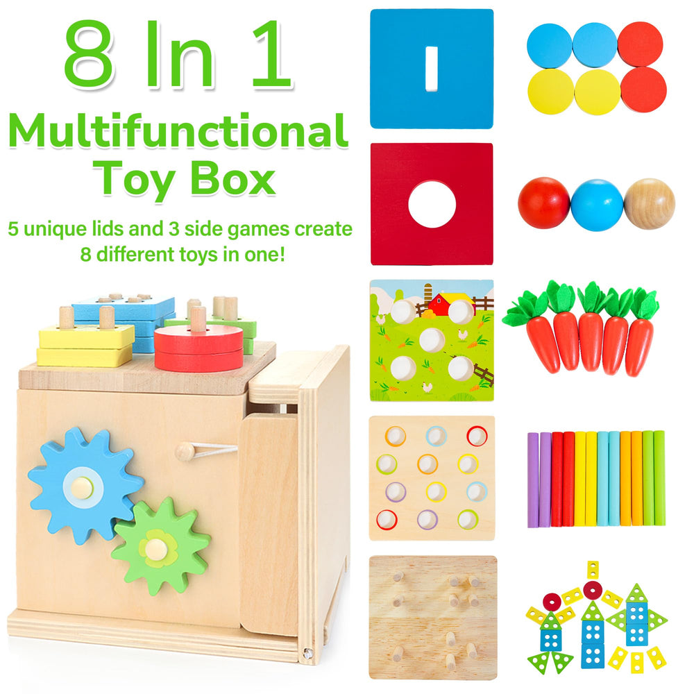 JUSTWOOD learning activity cube contents highlighting color sticks and clock features