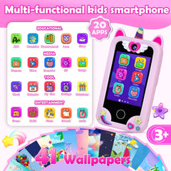 Jusvenmt Kids Phone side view showing portable, kid-friendly size for on-the-go fun.