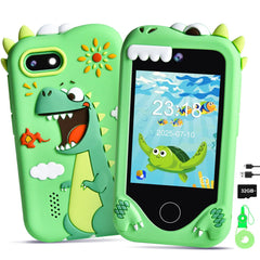 Jusvenmt Kids Smart Phone front view with dinosaur design supports imaginative play and learning