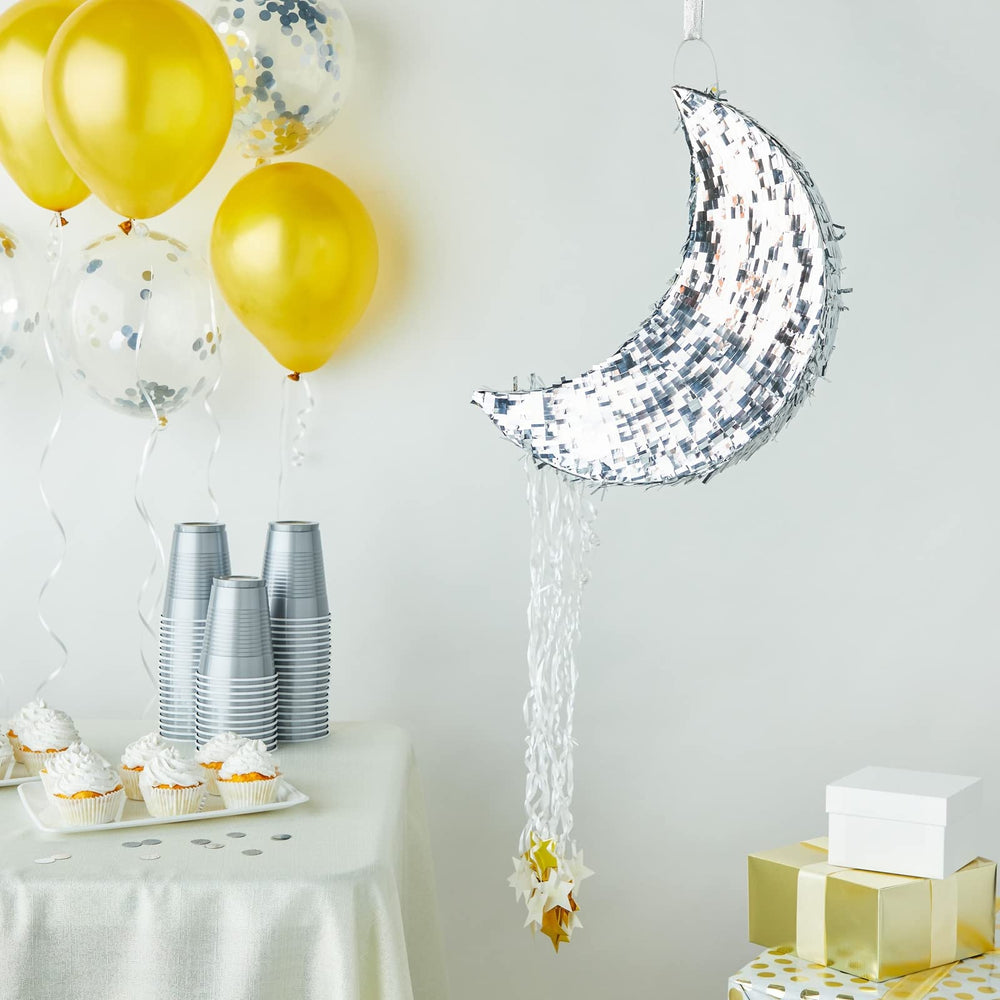 Juvale moon pinata with top opening for easy candy and favor filling.