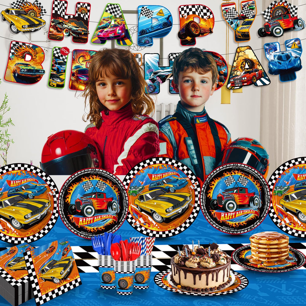 JVORFDG Race Car banner and tablecloth create a dynamic party backdrop