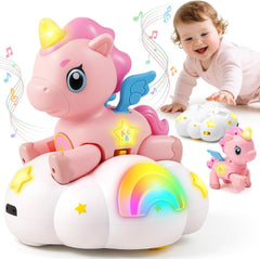 Jyusmile unicorn on cloud toy for crawling with gentle lights and melodies.