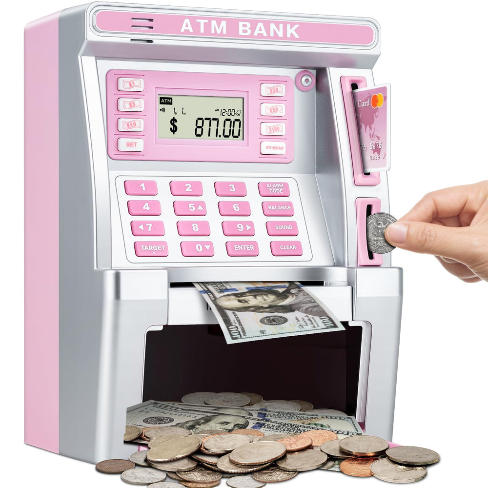 Jyusmile pink piggy bank ATM front view for kid-friendly real money savings.