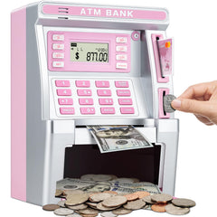 Jyusmile pink piggy bank ATM front view for kid-friendly real money savings.
