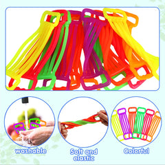 JYXT stretchy strings in hand demo illustrate twisting loops for fine motor engagement.