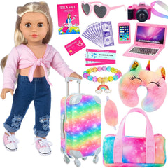 K.T. Fancy rainbow suitcase for 18-inch dolls keeps playtime organized.