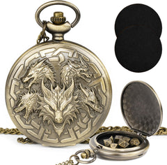 Kabinka pocket-watch dice shell with seven mini dice for portable RPG sessions.