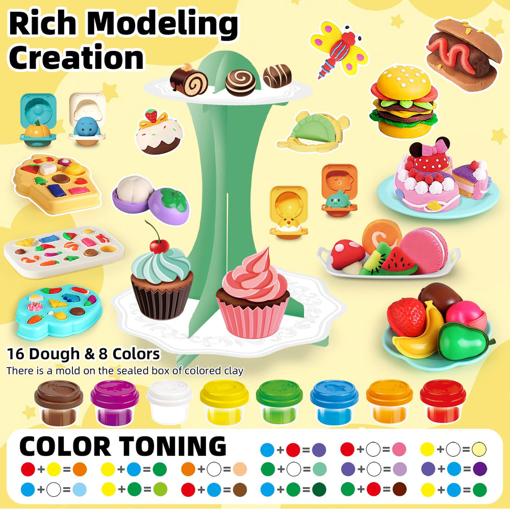 Kaelinda 77 Pcs Playdough Cake Stand Display showcases finished creations proudly.