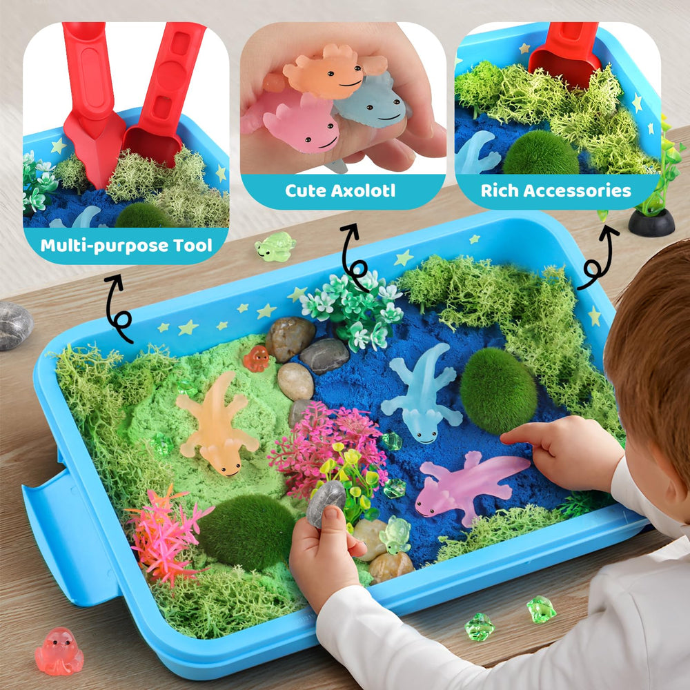 Glow-in-the-dark stickers illuminate the axolotl world for nighttime exploration.