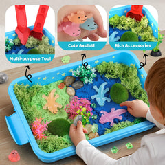 Glow-in-the-dark stickers illuminate the axolotl world for nighttime exploration.