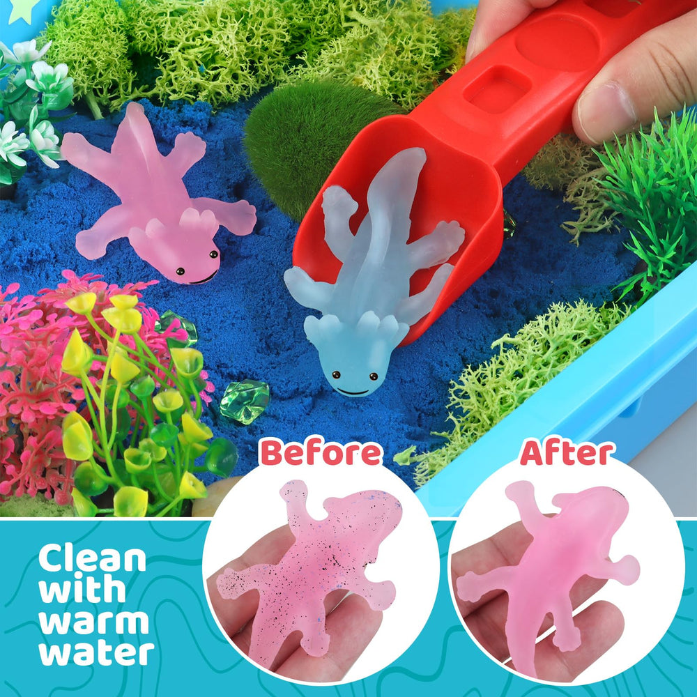 Colorful sand colors and plant elements support tactile experimentation.