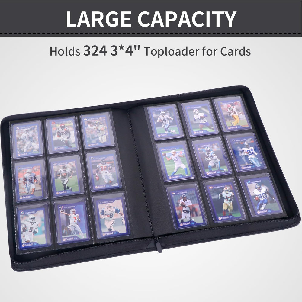 KAGSWAMO top-loader binder open with pockets, easy card insertion and organized storage.