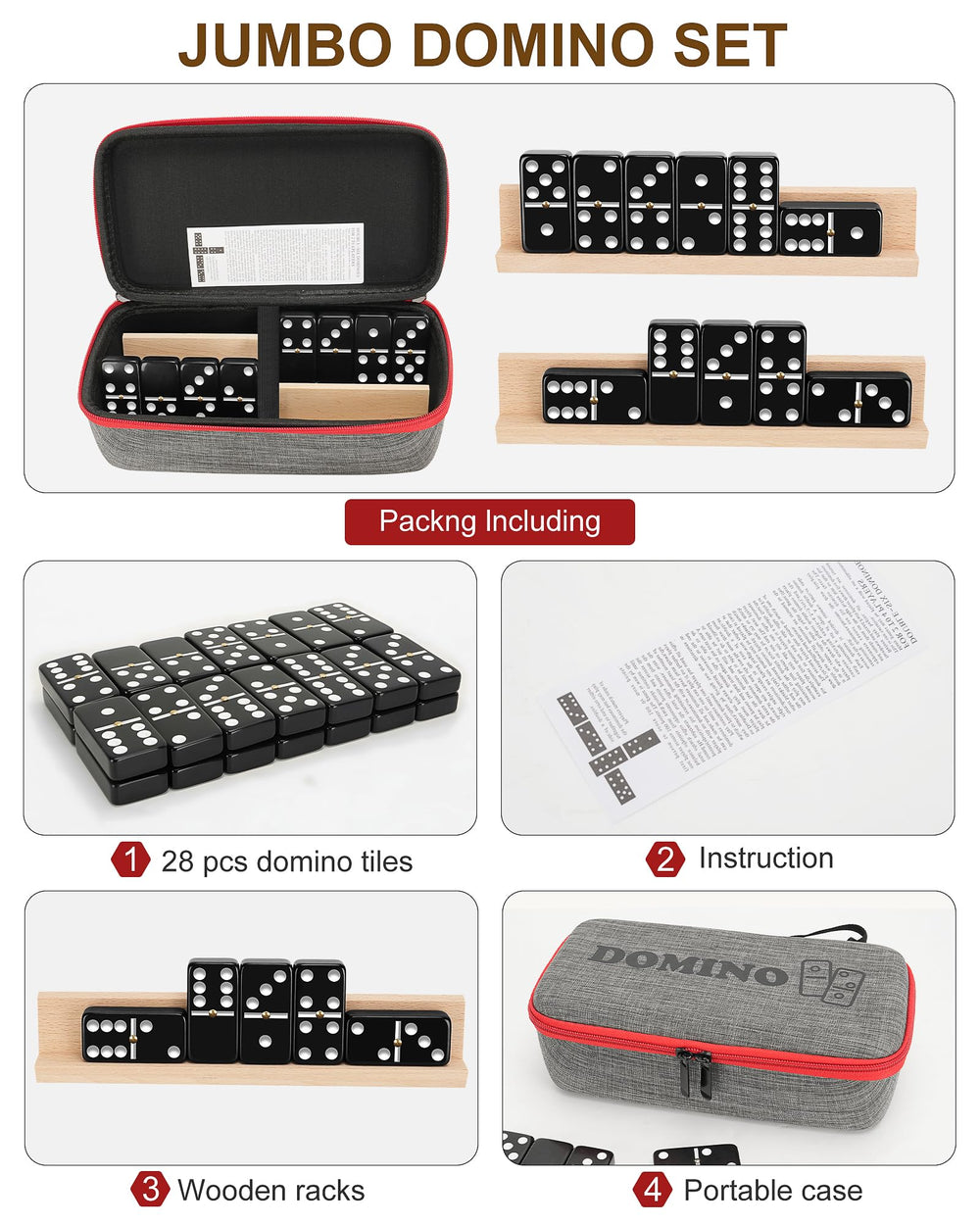 KAILE dominoes with four racks organize tiles without peeking.