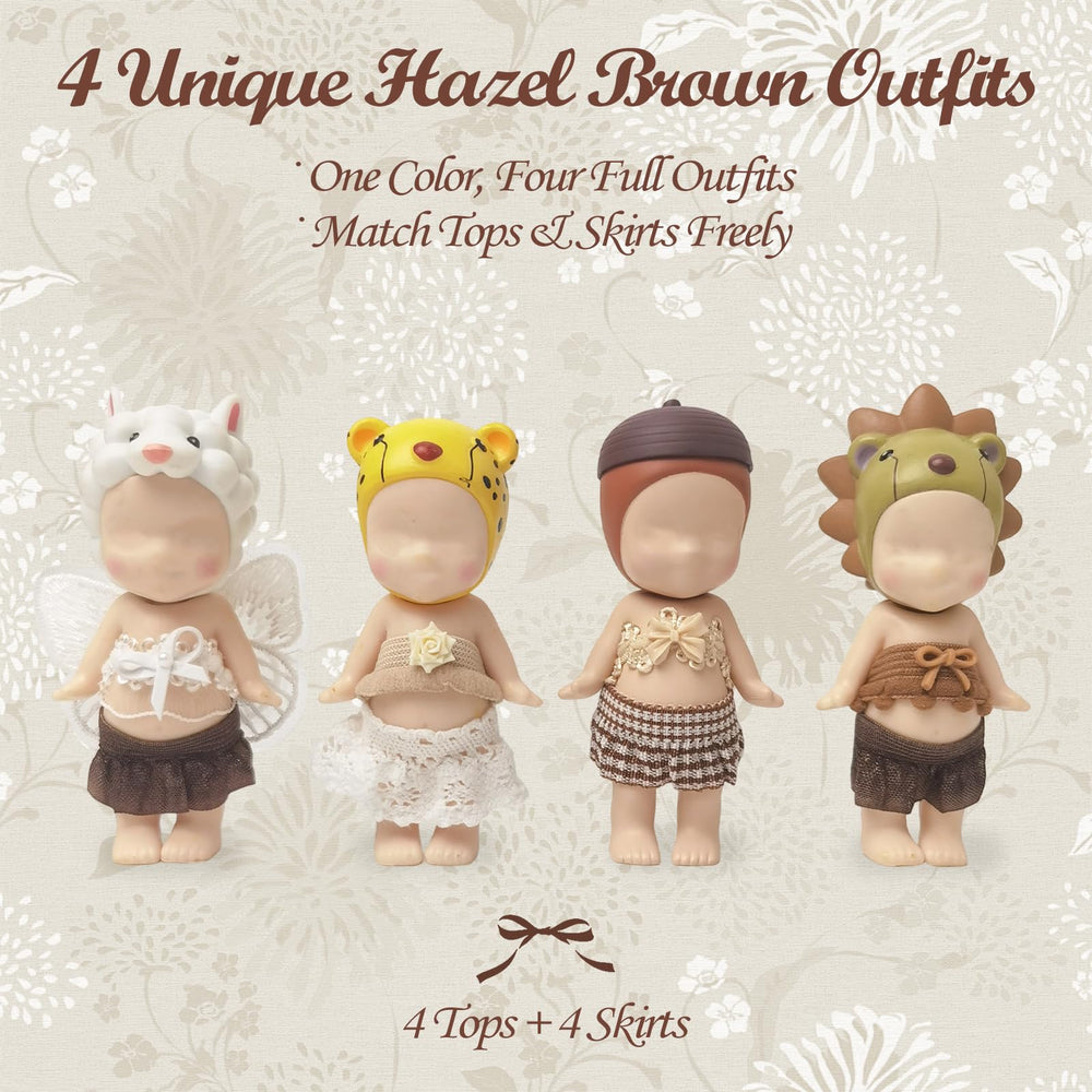 Kaitiaki Creamy Latte Charm tops detail on 3-inch dolls, easy styling and quick dress changes.