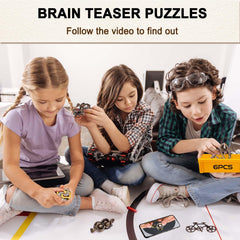 KaKeDuJa 6-piece metal brain teaser set closed; compact, gift-ready puzzle for all ages.