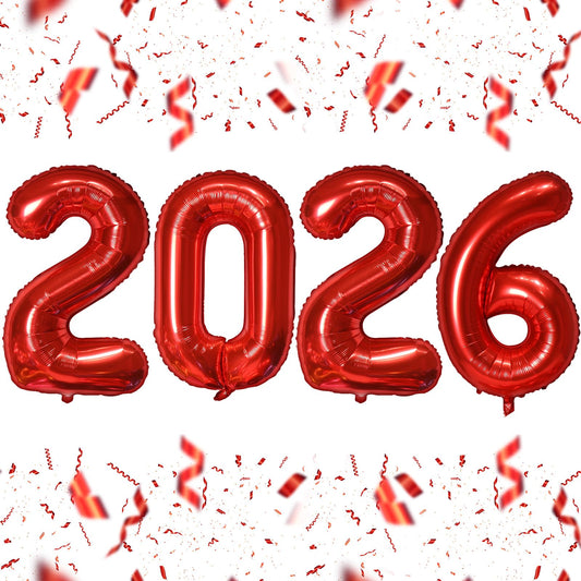 KALOR 16-inch red foil 2026 number balloons create a bold New Year backdrop