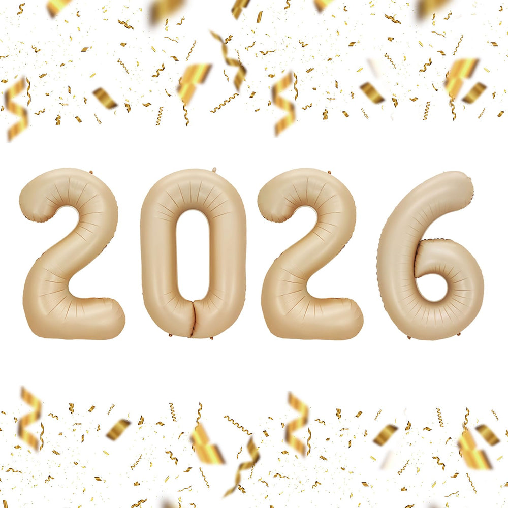 KALOR 2026 caramel foil balloons, 32-inch numbers, ideal for a striking NYE backdrop.