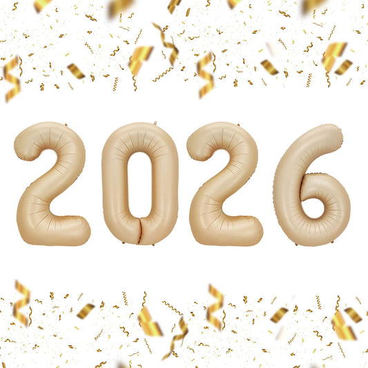 KALOR 2026 caramel foil balloons, 32-inch numbers, ideal for a striking NYE backdrop.