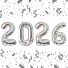 KALOR 2026 silver foil number balloons 32inch for a striking New Year backdrop.