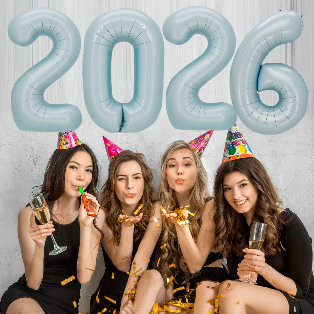 KALOR oversized 2026 number balloons pastel blue as a bold centerpiece