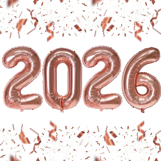 KALOR 2026 rose gold number balloons create a stunning photo backdrop.