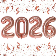 KALOR 2026 rose gold number balloons create a stunning photo backdrop.