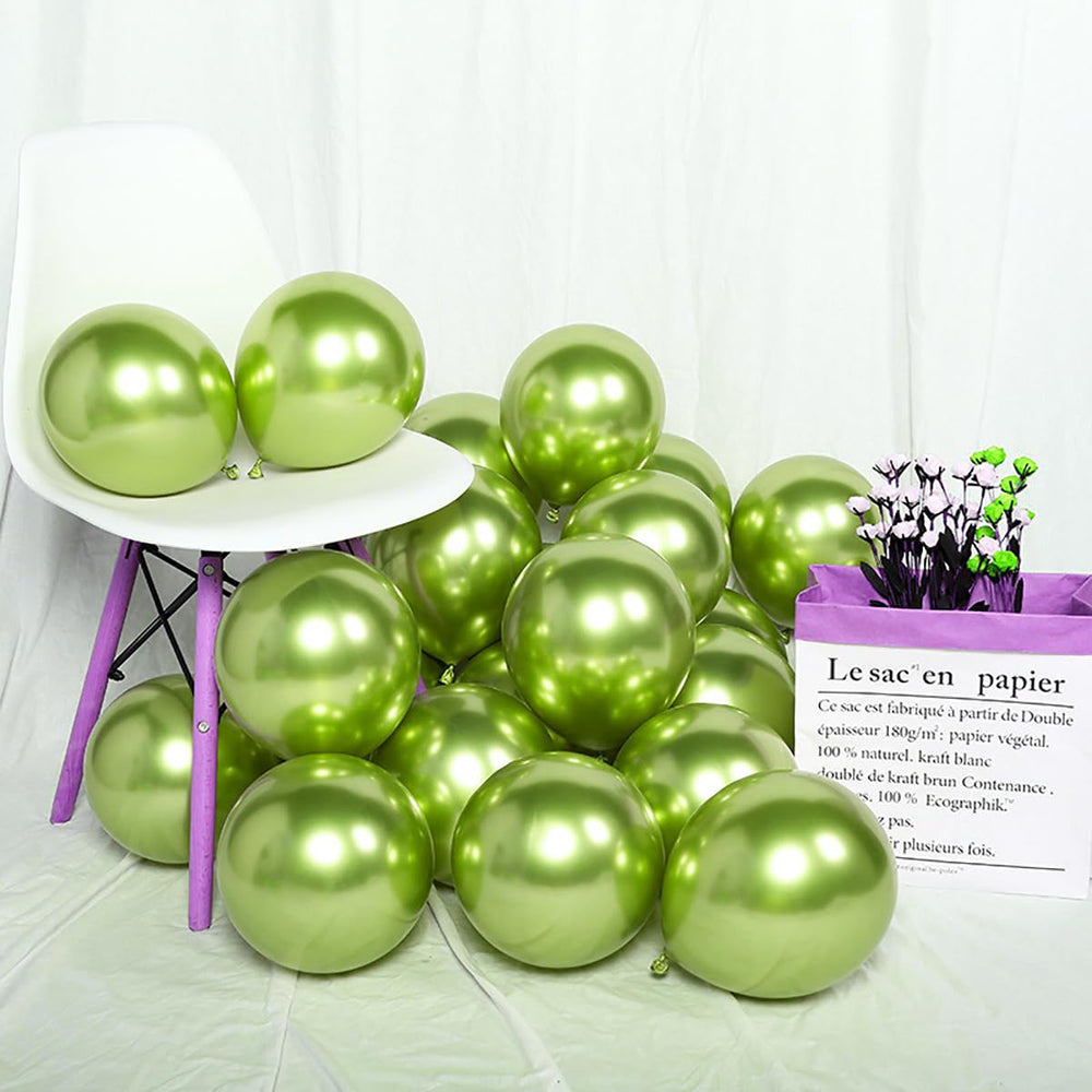 KALOR wedding or baby shower decor shines with metallic lime balloons.