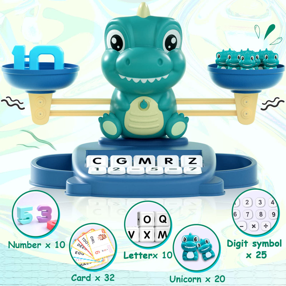 Kaodezhu dinosaur weights image highlighting small dinosaurs matching weights to balance sides.