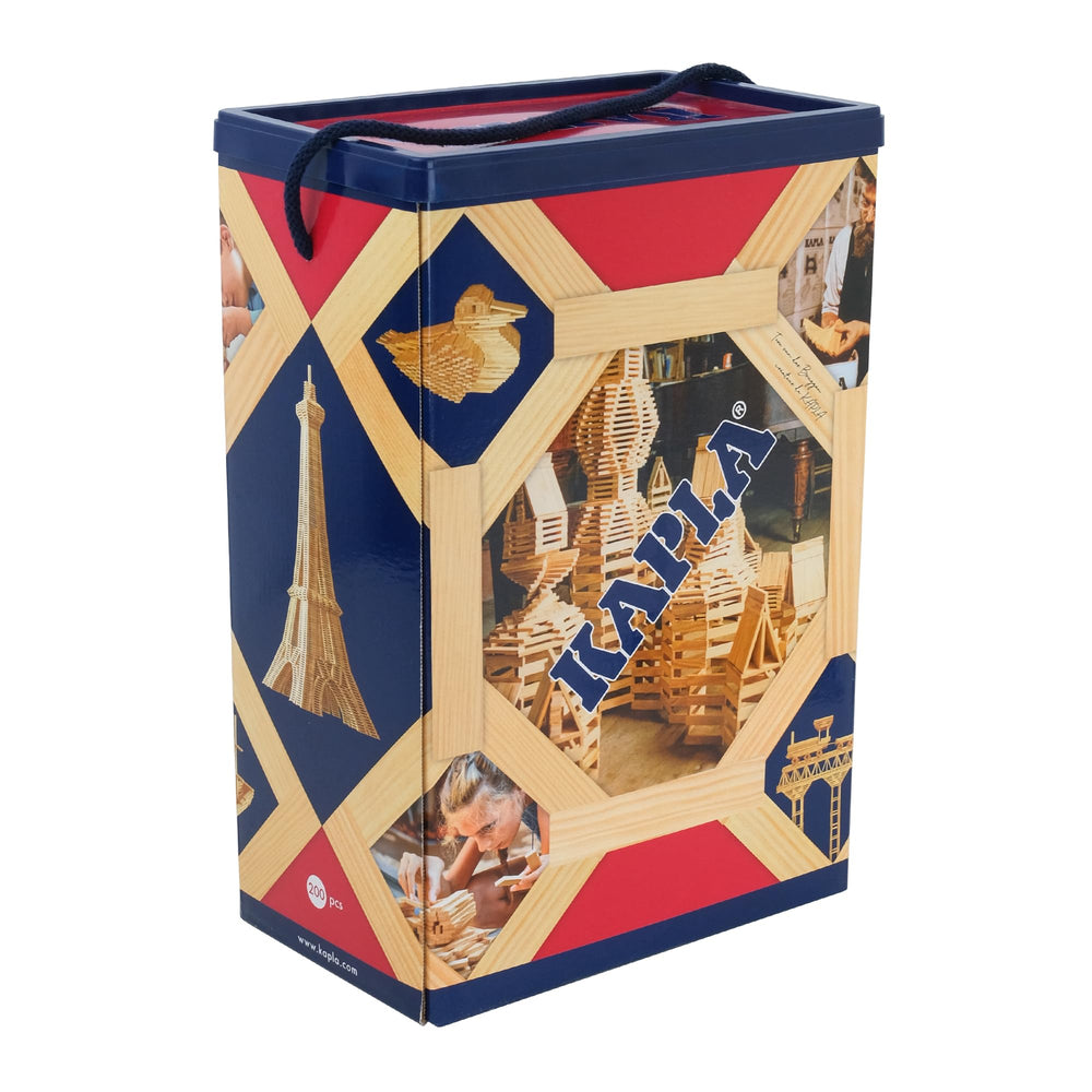 KAPLA box contents with 200 natural wooden planks for creative play.