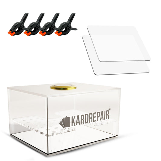 Kardrepair TCG humidor restoration setup with transparent plates for even card flattening.