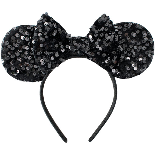 KARETT Mouse Ears Bow Headband glitter front view, ideal for sparkling party cosplay and photo ops.