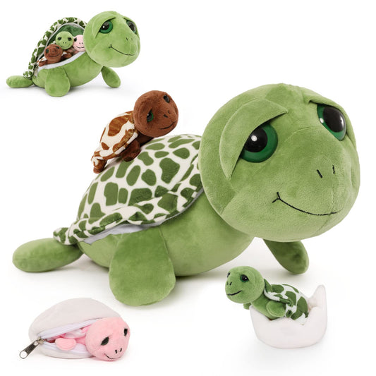 Karister turtle plush with babies inside shell for cuddly play.