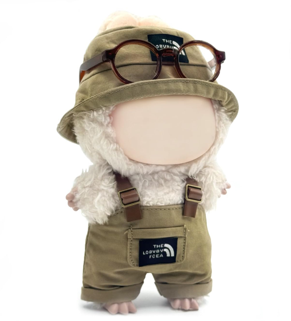 Karoking Labubu 17cm doll clothes—overalls, hat, and glasses for durable playwear.