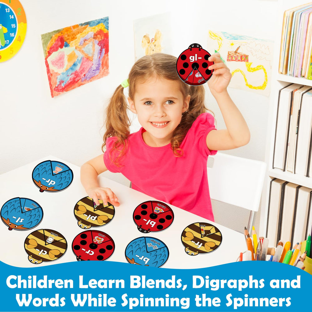 Kasfalci cards in a spinning game setup for hands-on phonics practice