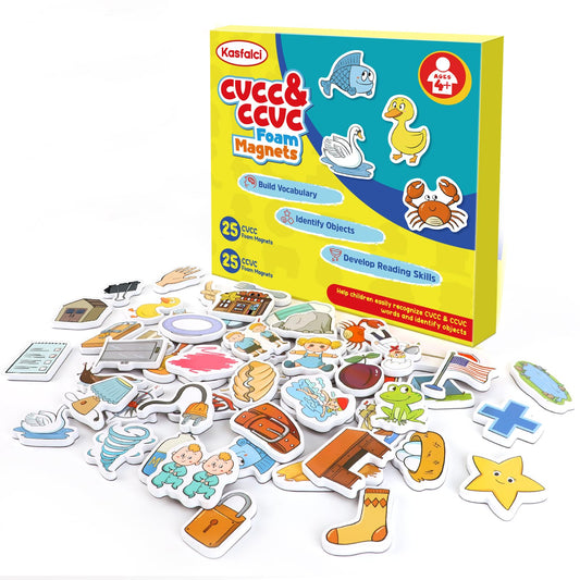 Kasfalci CVCC & CCVC magnets on fridge to support early reading exploration.