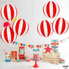 KatchOn birthday carnival balloon red white stripe centerpiece idea