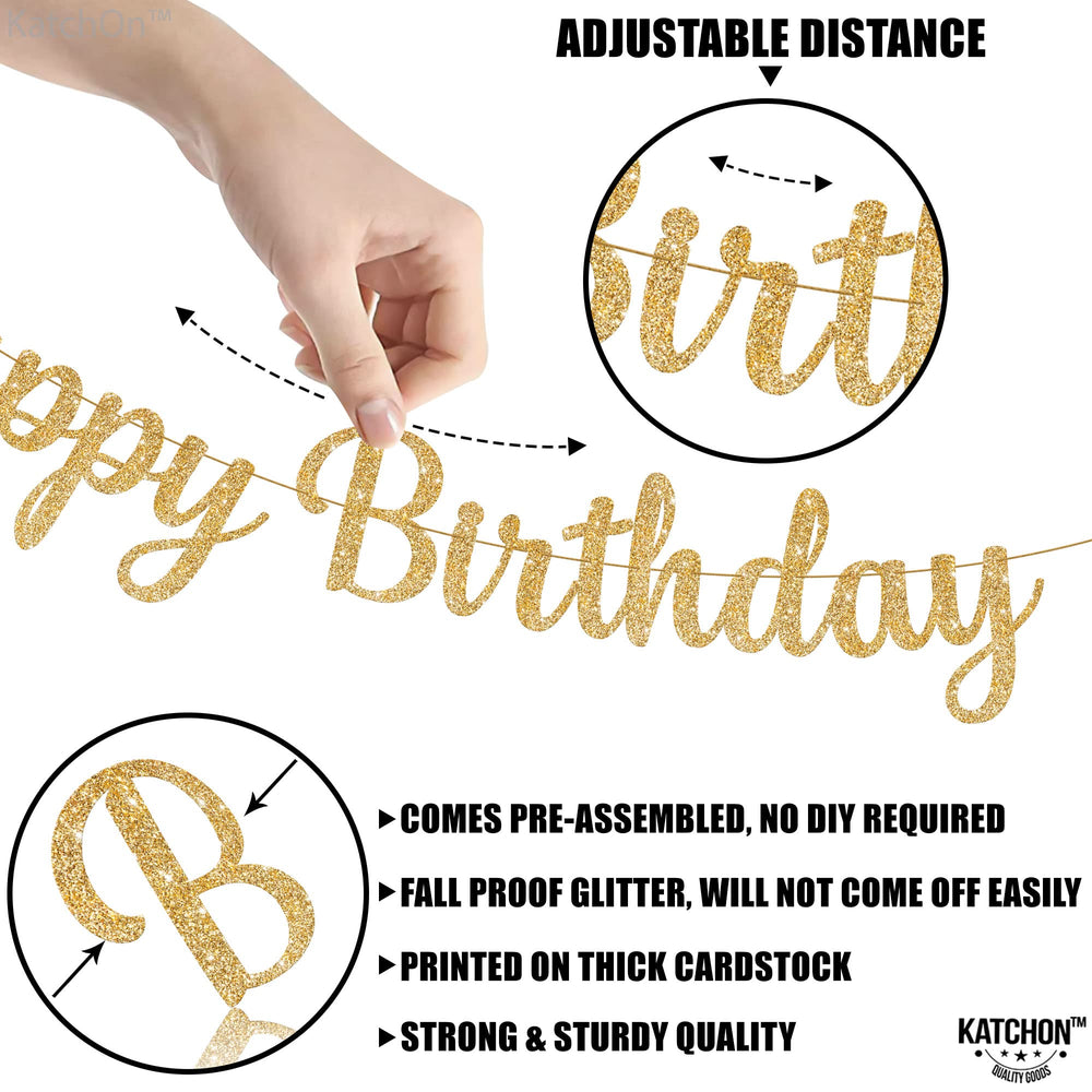 Close-up of KatchOn glitter gold banner with premium thick card stock.