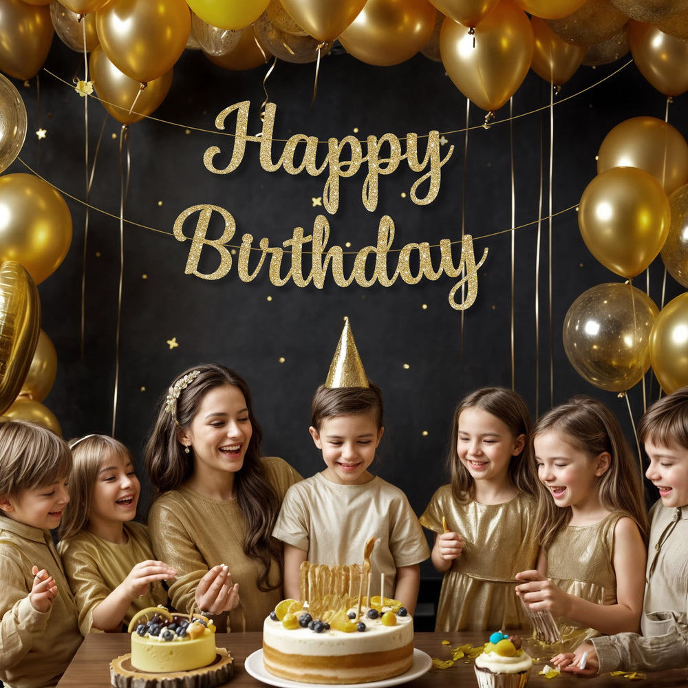 Reusable gold birthday banner from KatchOn for multiple celebrations.