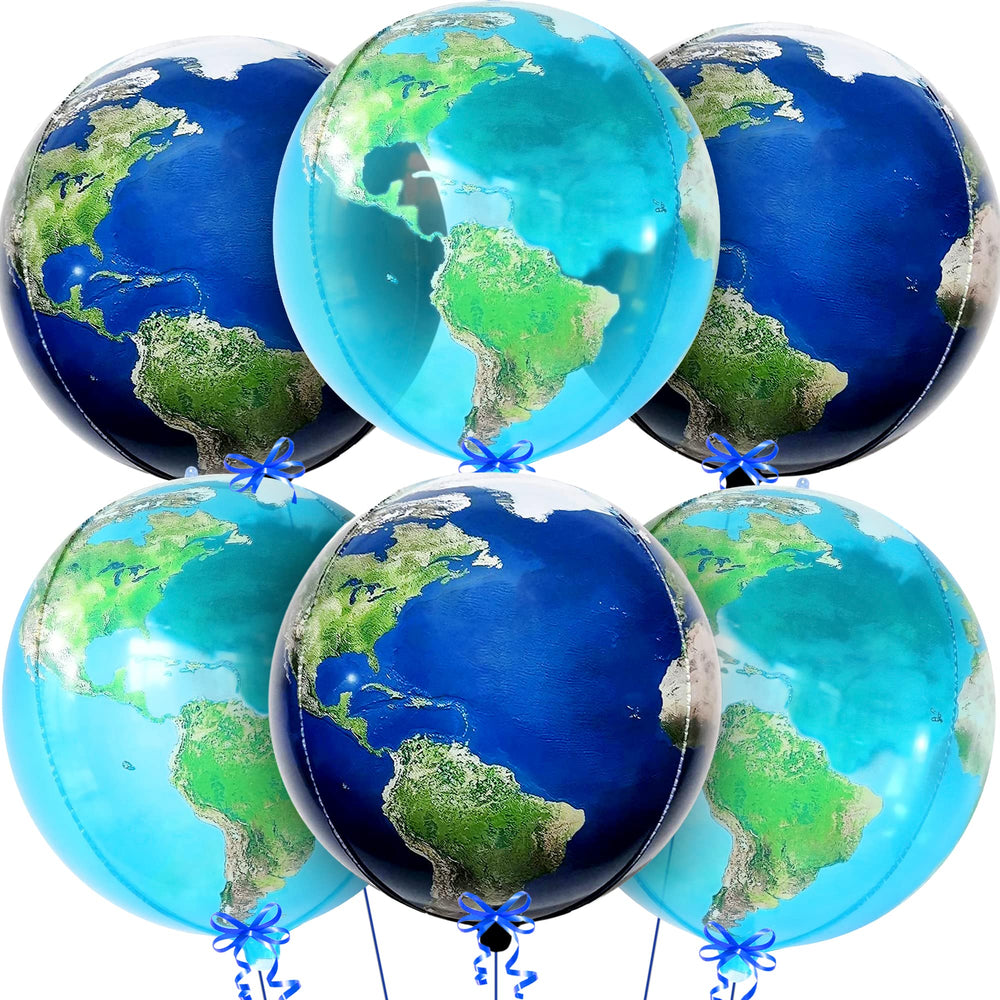 KatchOn globe balloons in blue earth style create an eye-catching travel party backdrop